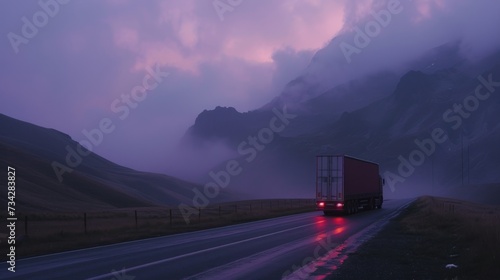 a semi truck driving down a road with a mountain in the backgrouund and a foggy sky in the backgrouund. photo