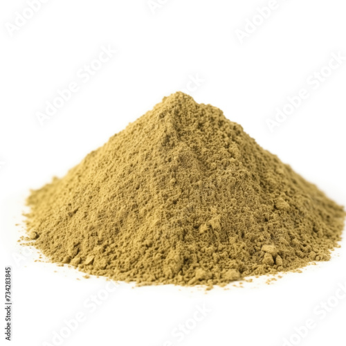 close up pile of finely dry organic fresh raw fennel seed powder isolated on white background. bright colored heaps of herbal, spice or seasoning recipes clipping path. selective focus