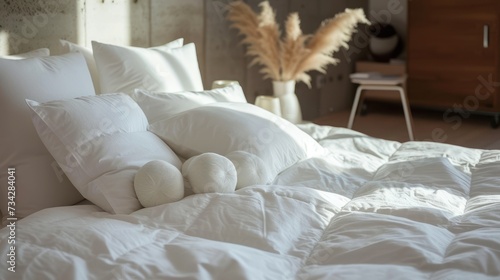 a close up of a bed with white sheets and pillows with a plant in a vase on the side of the bed. photo