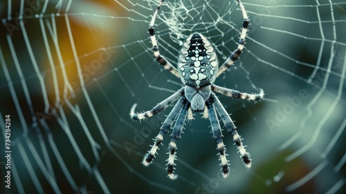 a close up of a spider's web in the middle of its web, with a blurry background.