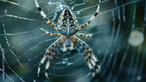 a close up of a spider's web with drops of water on it's back and a blurry background. © Olga