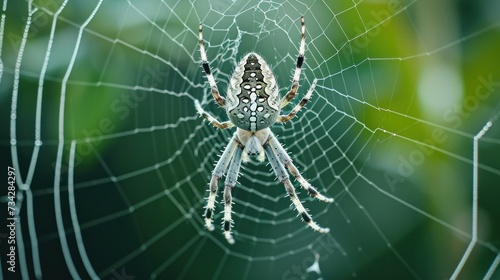 a close up of a spider on a web in the middle of it's web, with a blurry background.