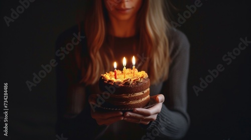 a woman holding a cake with lit candles on it in front of a dark background with a woman holding a cake with lit candles in front of her hands.