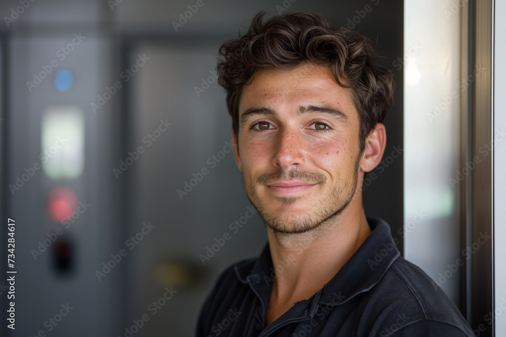 Hombre con pecas, natural, atractivo, técnico, polo negro, simpático, empatía Hombre con pecas, natural, atractivo, técnico, polo negro, simpático, empatía