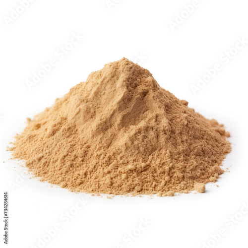 close up pile of finely dry organic fresh raw flaxseed flour powder isolated on white background. bright colored heaps of herbal, spice or seasoning recipes clipping path. selective focus