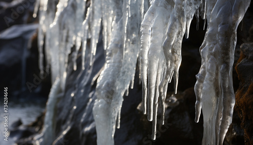 Winter beauty frozen icicles hang, reflecting nature crystalline patterns generated by AI