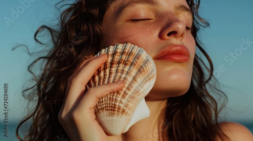 a close up of a woman holding a seashell up to her face with a blue sky in the background. photo