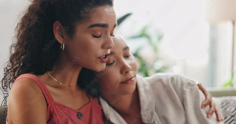 Friends, talking and hug for comfort in home, divorce or breakup with touch for care on weekend. Women, communication and embrace on couch with support, empathy and listening ear for mental health Friends, talking and hug for comfort in home, divorce or breakup with touch for care on weekend. Women, communication and embrace on couch with support, empathy and listening ear for mental health