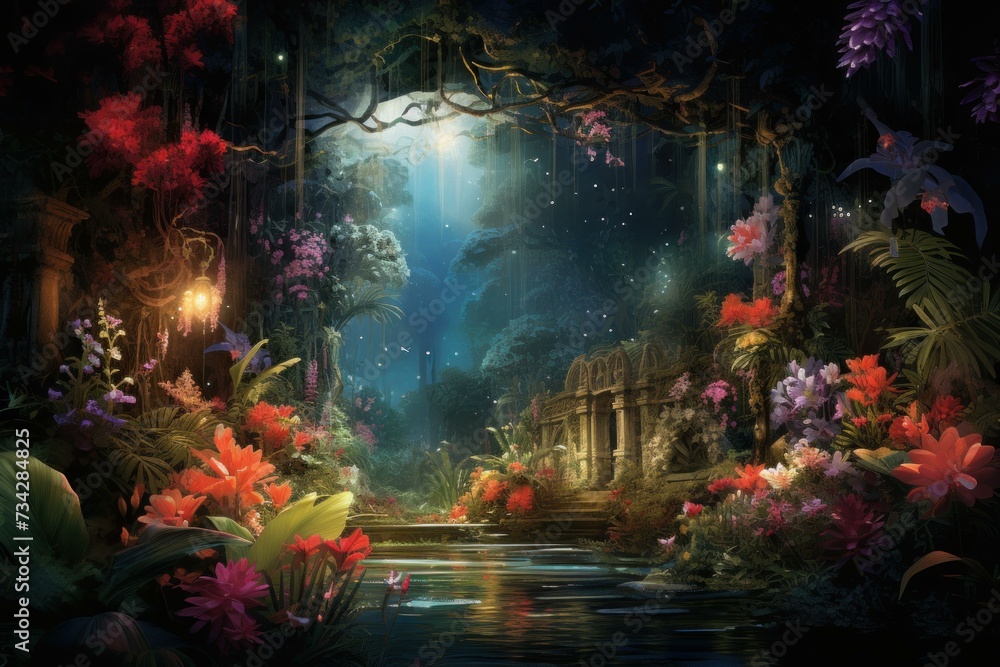 Obraz premium Paradise garden flowers. Bloom nature summer. Generate Ai