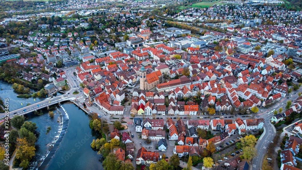 Aerial of the city Nürtingen in Germany on a sunny day in autumn