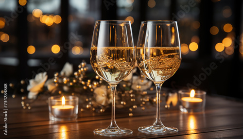 Luxury celebration wine, champagne, elegance, romance, glowing candlelight generated by AI