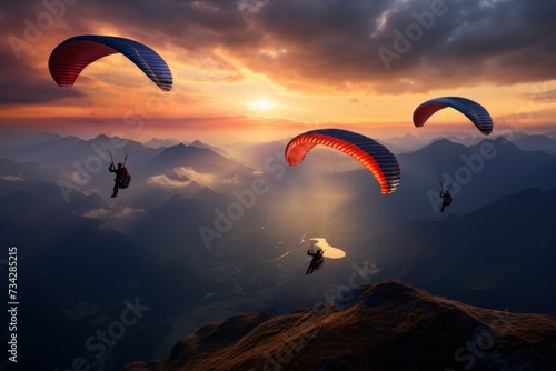 Scenic Paragliders mountains sunset background. Extreme sport. Generate Ai