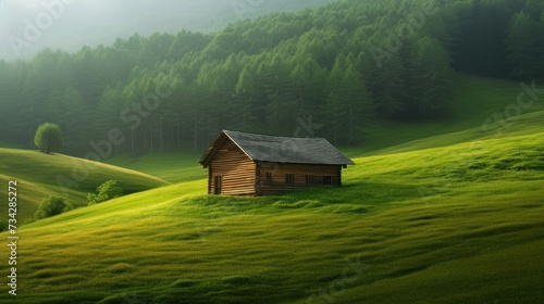 a small cabin in the middle of a lush green field with a forest in the background on a foggy day. photo