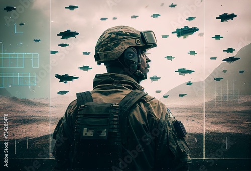 Soldier remotely controlling an army of military drones, visible on the digital screen. An indispensable technology for the conflicts of the 21st Century. Generative AI photo