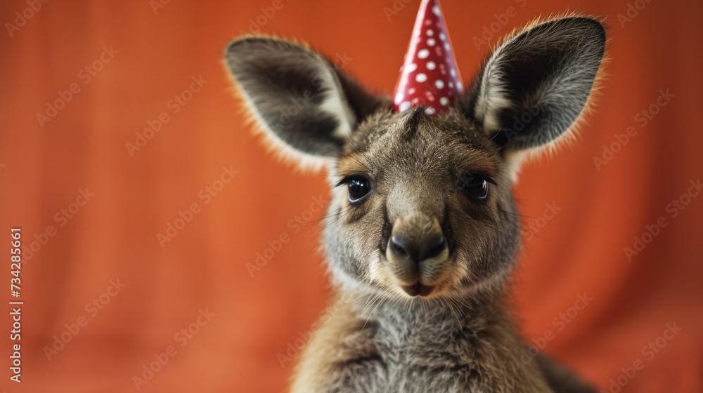 Kangaroo joey with birthday hat generative ai Kangaroo joey with birthday hat generative ai