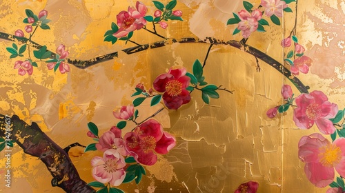 Ancient oriental golden paintings of plum blossom, and oriental classical paintings of Asia.Luxury ornament painting in golden leaf texture