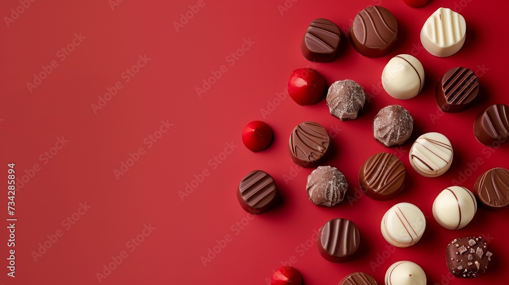 Assortment of fine chocolate candies, white, dark, and milk chocolate Sweets on red background. Copy space. Top view. Sweet gift for Valentine's and Christmas Assortment of fine chocolate candies, white, dark, and milk chocolate Sweets on red background. Copy space. Top view. Sweet gift for Valentine's and Christmas