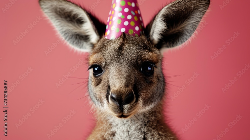 Kangaroo joey with birthday hat generative ai Kangaroo joey with birthday hat generative ai