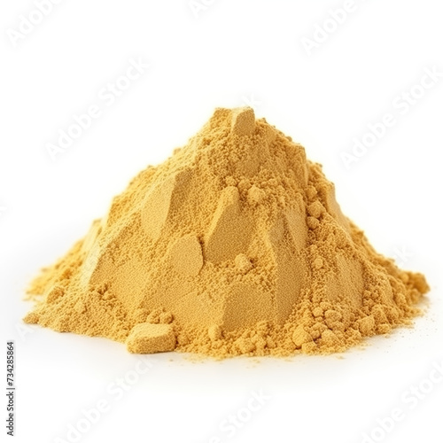 close up pile of finely dry organic fresh raw ginger powder isolated on white background. bright colored heaps of herbal, spice or seasoning recipes clipping path. selective focus photo