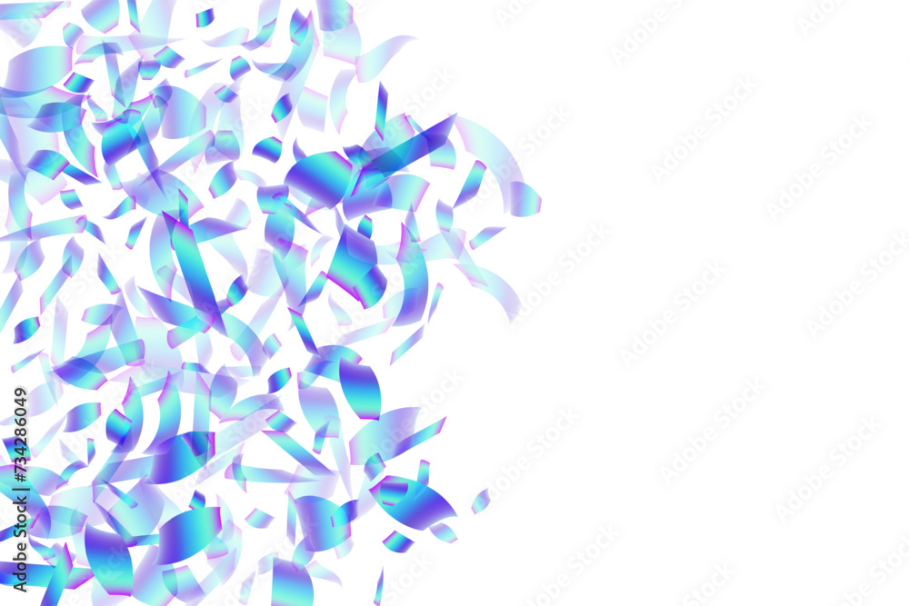 Decorative party confetti scatter vector illustration. Blue  hologram particles christmas vector. Cracker poppers falling confetti. Holiday celebration decoration background. Joy particles.