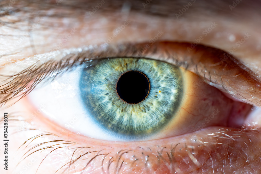 Male Blue-Green Colored Eye With Lashes. Pupil Opened. Close Up. Structural Anatomy. Human Iris Macro Detail. Male Blue-Green Colored Eye With Lashes. Pupil Opened. Close Up. Structural Anatomy. Human Iris Macro Detail.
