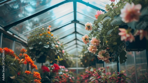 A spacious glass greenhouse with heavenly flowers