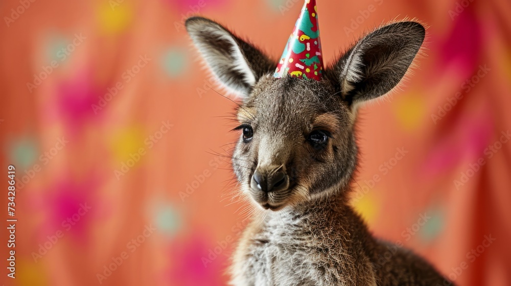 Kangaroo joey with birthday hat generative ai Kangaroo joey with birthday hat generative ai