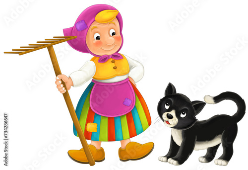 Cartoon farm character farmer woman girl woman with happy black cat isolated illustration for kids