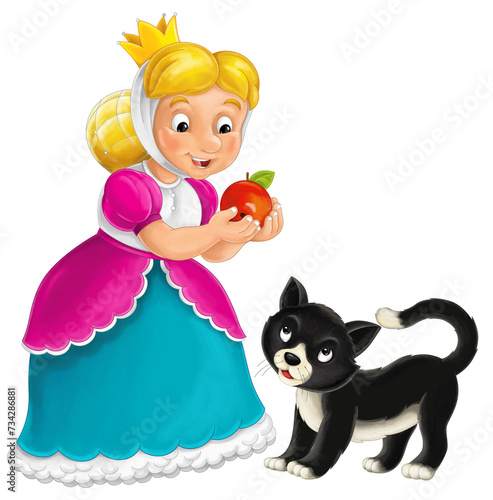 Cartoon character - royal princess cheerful standing and smiling with happy black cat isolated illustration for children © agaes8080