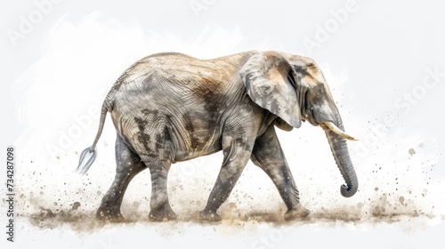 a painting of an elephant walking across a field with dust on it's back legs and tusks.