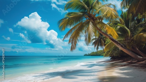 a painting of a tropical beach with palm trees and the ocean in the background with a blue sky and white clouds.