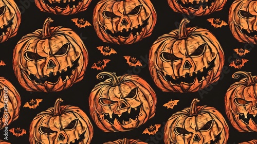 Halloween pumpkins vintage style seamless pattern, dark and retro, gift packing and Halloween fabric pattern backgrounds