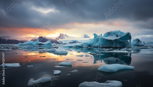 Majestic arctic landscape snow capped mountains reflect in tranquil icy waters generated by AI