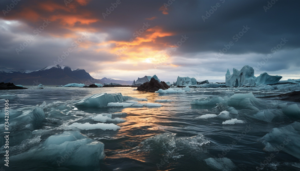 Fototapeta premium Majestic mountain peak reflects tranquil sunset on frozen water generated by AI