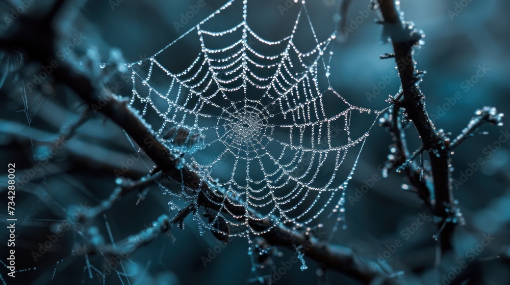 custom made wallpaper toronto digitala close up of a spider web on a tree branch with drops of water on the spider's web.
