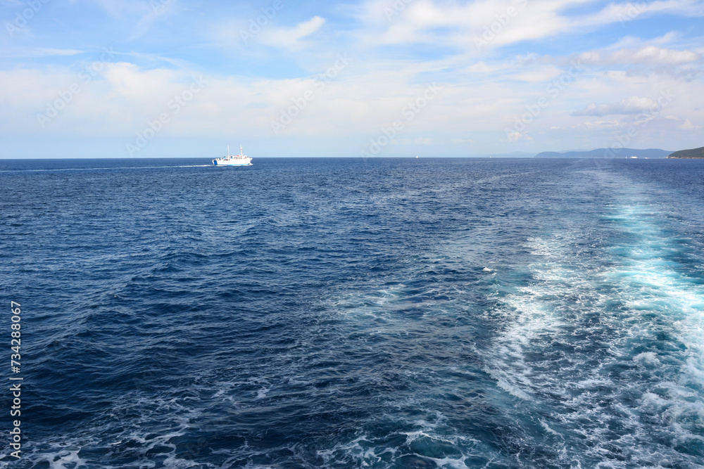 Obraz premium Industrial ships sail on the sea blue waves on the blue sea. Natural landscape with sea traffic