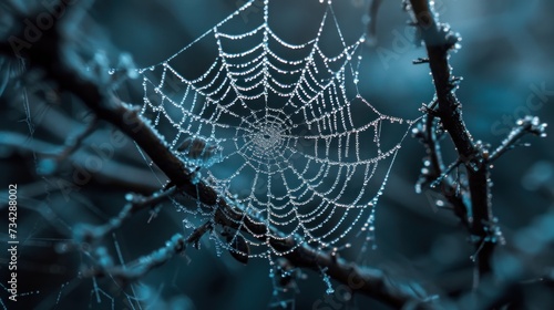 Wallpaper Mural a close up of a spider web on a tree branch with drops of water on the spider's web. Torontodigital.ca