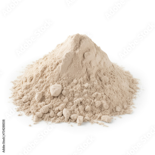 close up pile of finely dry organic fresh raw false unicorn root powder isolated on white background. bright colored heaps of herbal, spice or seasoning recipes clipping path. selective focus photo
