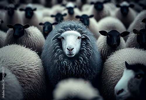 black sheep in the middle of a flock of white sheep. Generative AI