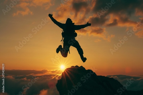 Silhouette of a Man jump and rises arms up on a peak. The happiness and excitement of beeing successful.
