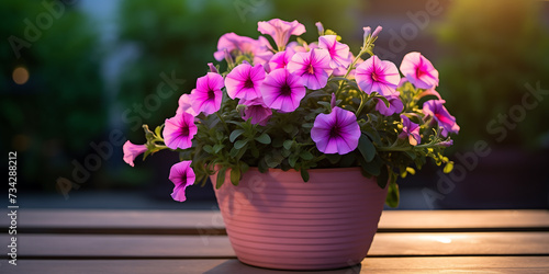 Petunia in a pot on a wooden table
