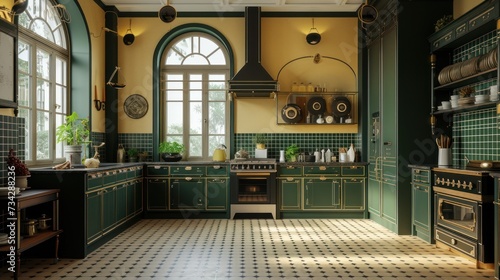 a kitchen with green cabinets and a black and white checkered floor and a black and white checkered floor.