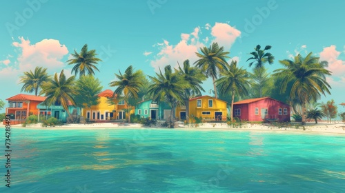 a painting of a row of colorful houses on a tropical island with palm trees in the foreground and blue water in the foreground. © Olga
