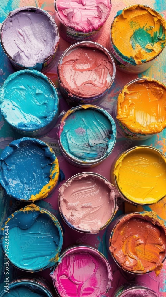 A group of paint cans filled with different colors of paint, showcasing a range of vibrant hues. A group of paint cans filled with different colors of paint, showcasing a range of vibrant hues.