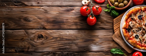 A mouthwatering pizza topped with mushrooms and cheese  displayed on a rustic wooden table.