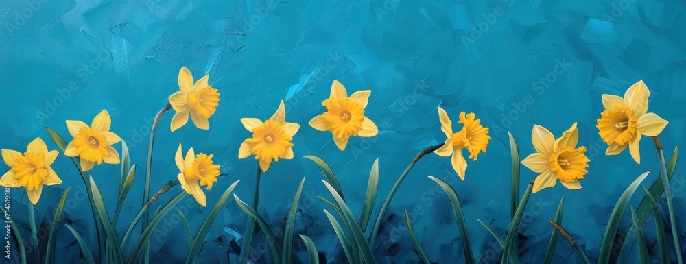 A painting featuring vibrant yellow daffodils set against a serene blue background.