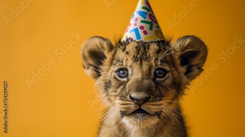 Lion cub with birthday hat, generative ai