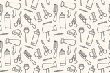 seamless hairdressing tools pattern: hair dryer, hair spray, clipper, comb, scissors, clip and bobby pins- vector illustration