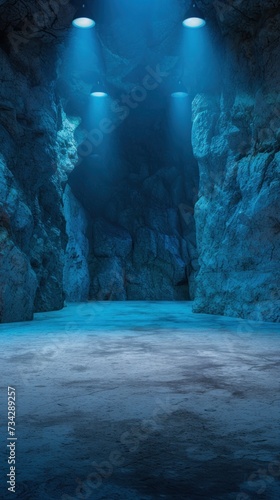 An image of an underground cave with a blue background, illuminated by three lights.