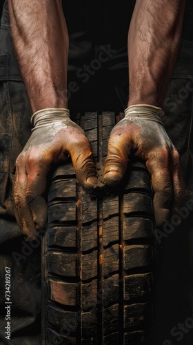 A mechanic holds a new car tire in his hands at a tire service shop.